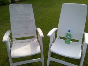 A picture showing of set two chairs, one with mold removed-How do you remove black mold from plastic